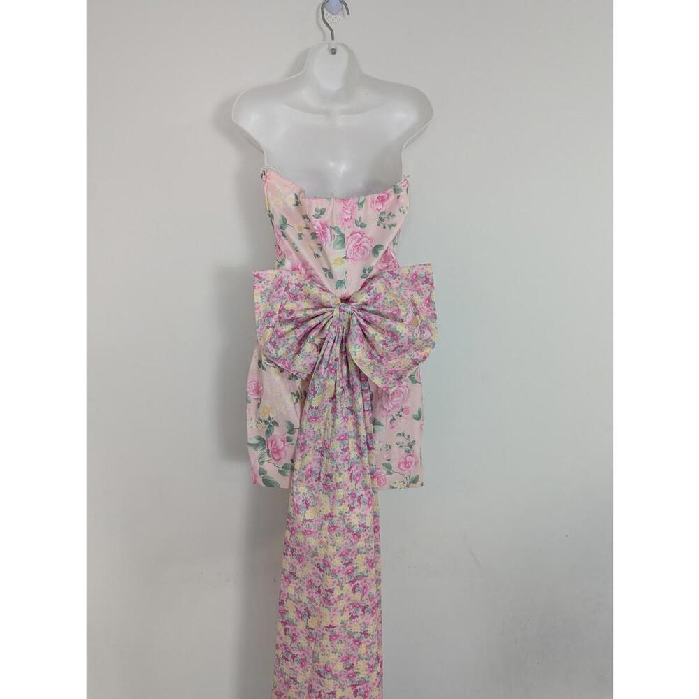 Strapless Taffeta Floral Print Bow Back Mini Dress Size Large Feminine Coquette